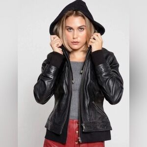 Black Lambskin Leather Jacket, Medium, Faux 2-piece